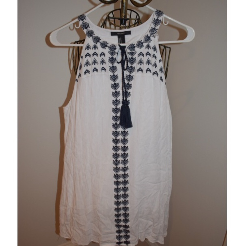 White & Blue Embroidered Shift Dress
